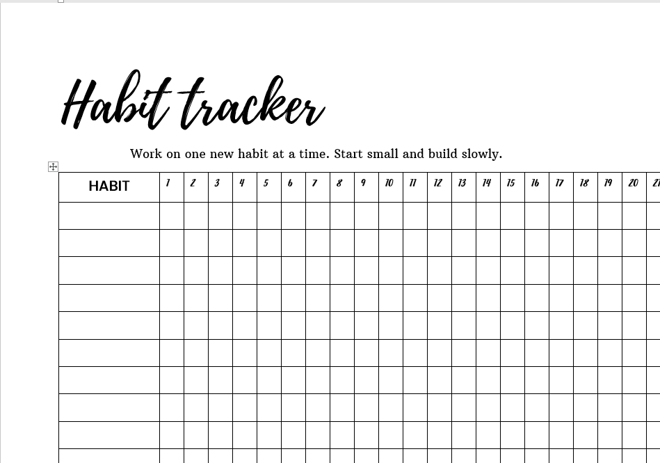 A picture of my printable habit tracker.