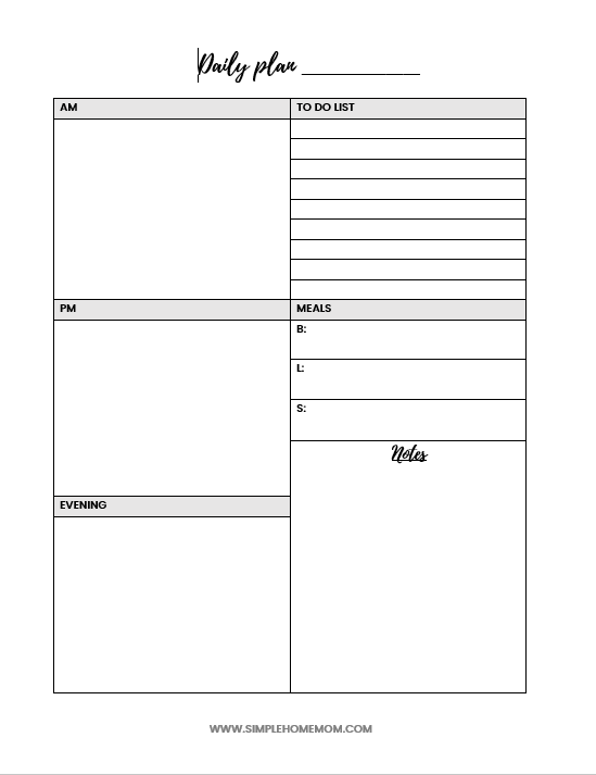 A picture of the free daily plan printable.