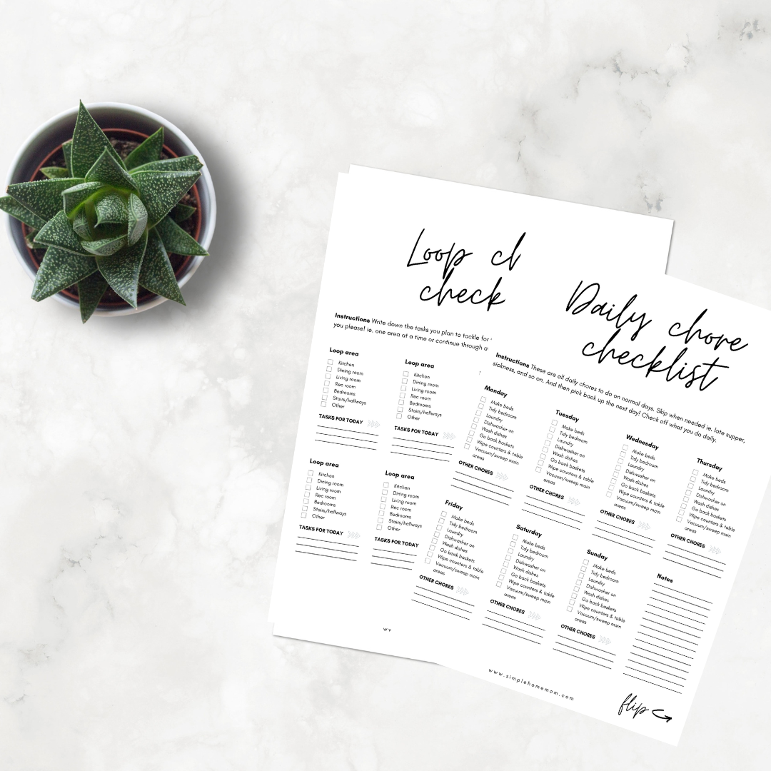 A picture of chore checklist printables on a table next to a plant.